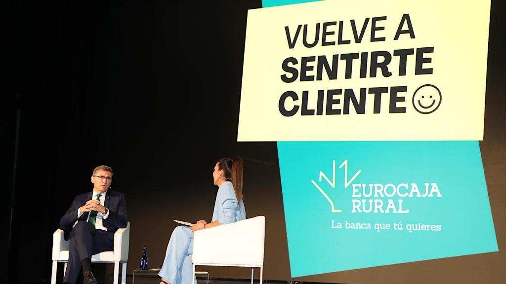 Presentación de la nueva campaña de Euro Caja Rural con la participación del director general de Eurocaja Rural, Víctor Manuel Martín López, y la presentadora Gloria Santoro.