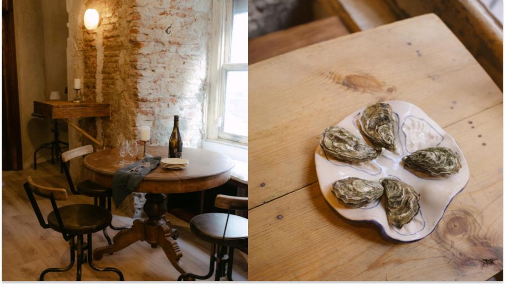 Uno de los rincones de Sau, y el plato de cerámica donde sirve sus ostras.