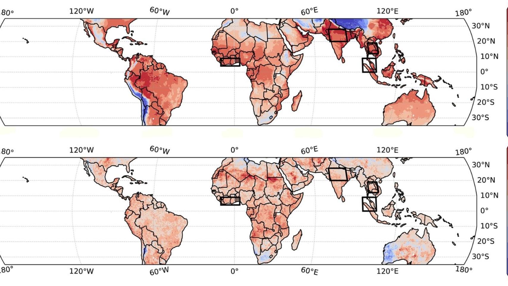 Mapas de los trópicos que muestran las temperaturas máximas anuales de bulbo húmedo predichas por los autores para el próximo verano, teniendo en cuenta las condiciones actuales de El Niño y el calentamiento global-EP