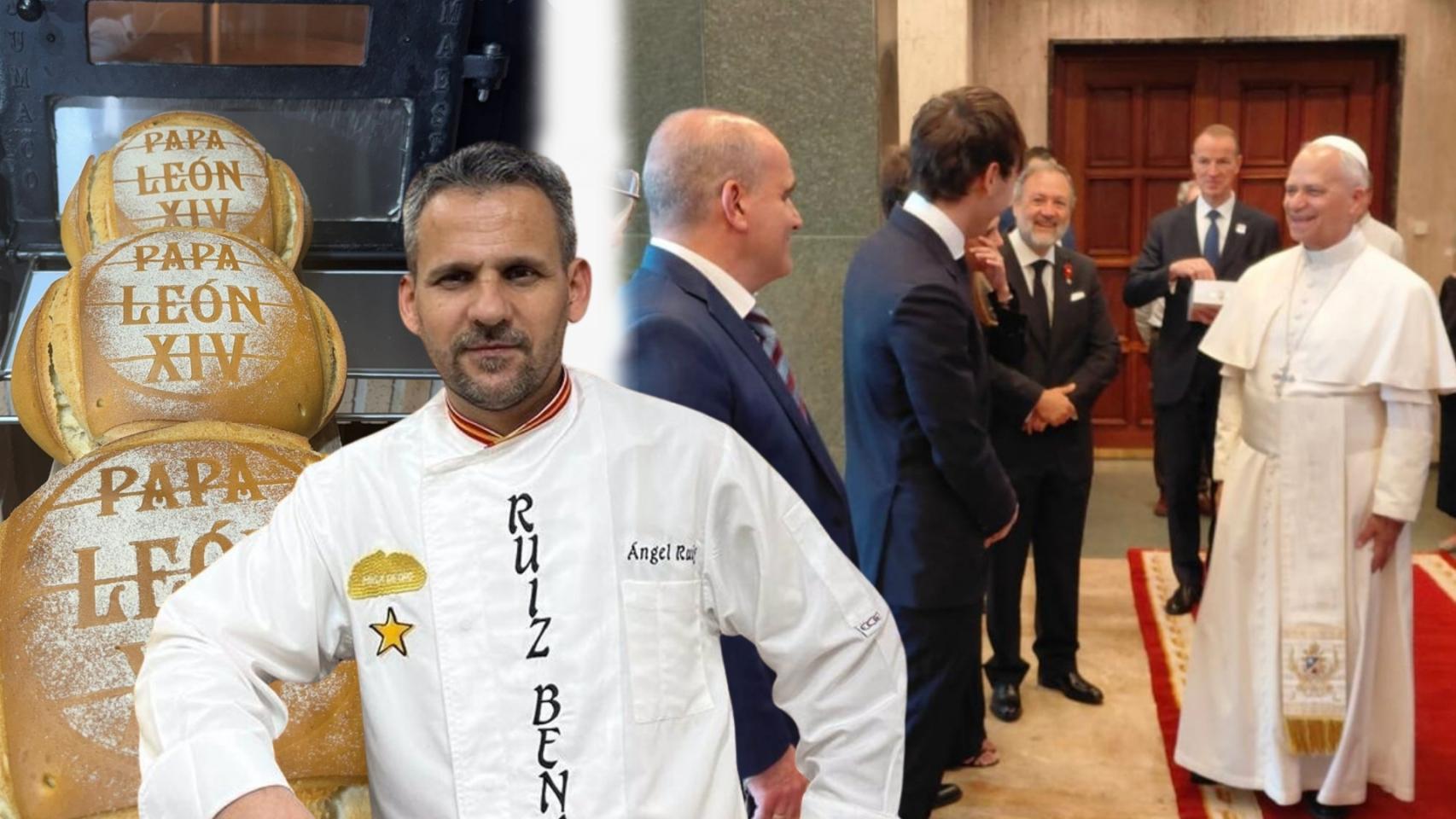 Montaje con Ángel Ruiz, las hogazas que ha elaborado al Papa León XIV y el obispo de Roma.