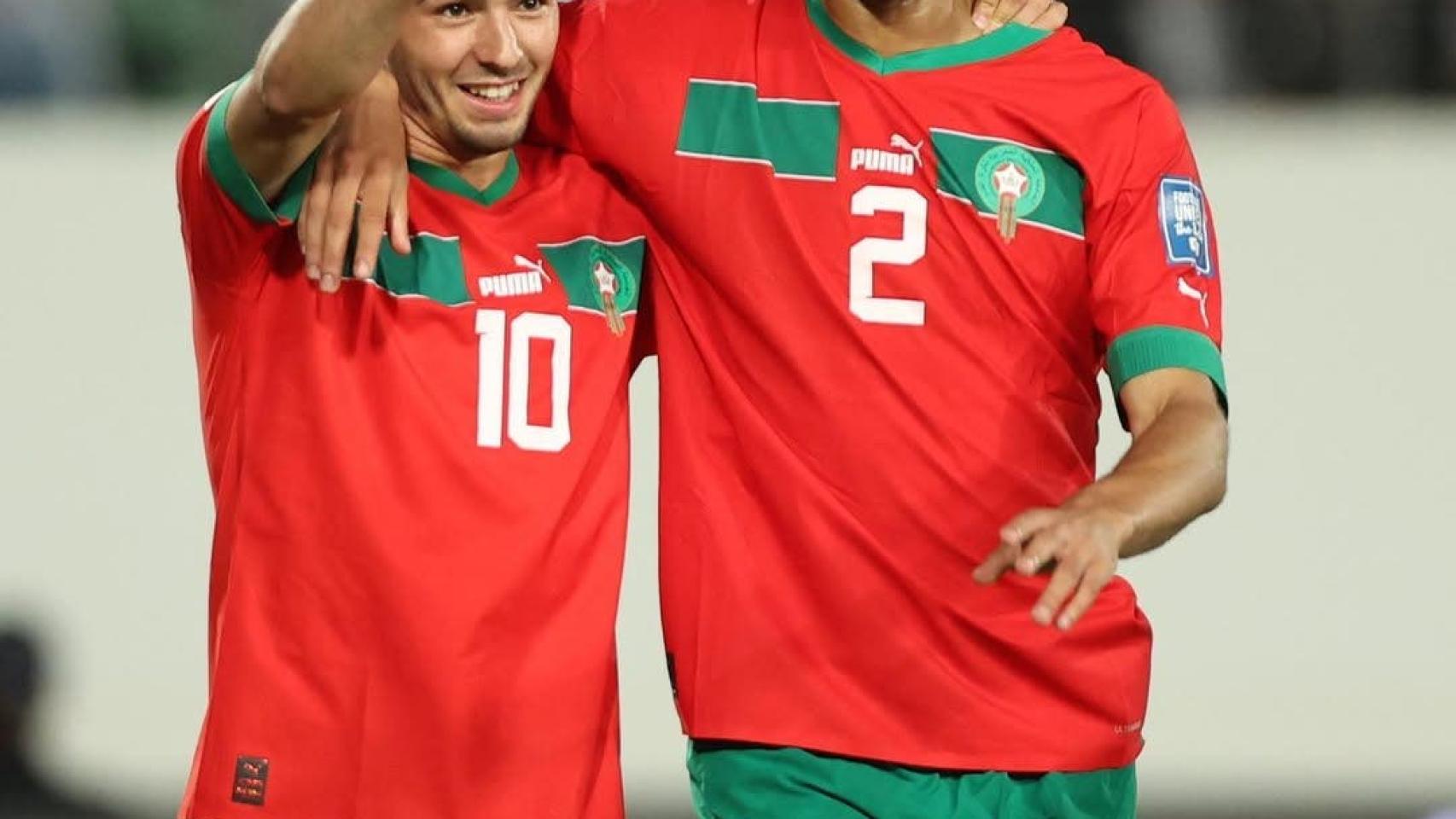 Brahim Díaz y Achraf Hakimi, durante un partido de Marruecos.