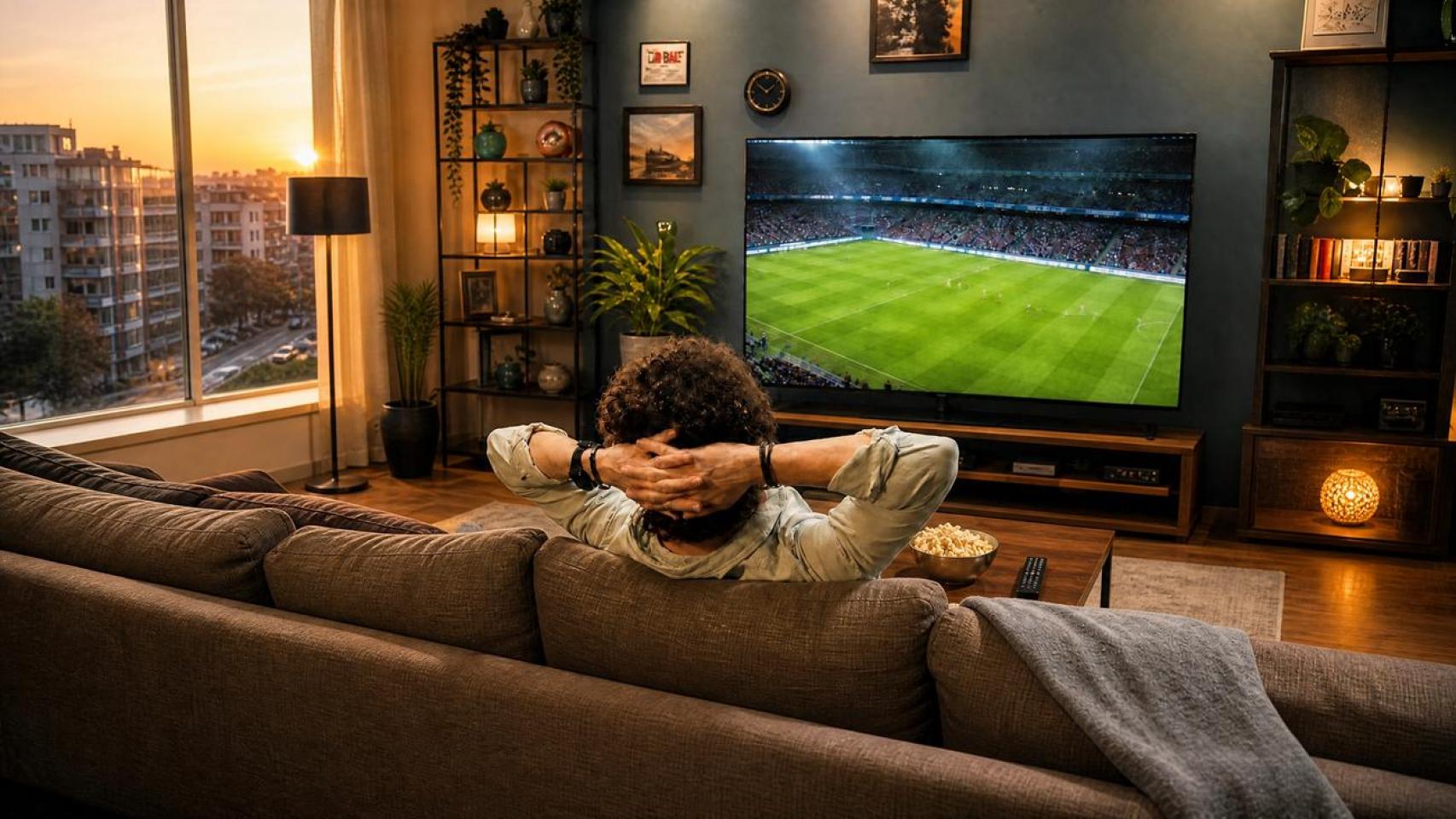 Una ilustración de un aficionado viendo el fútbol en el sofá. 