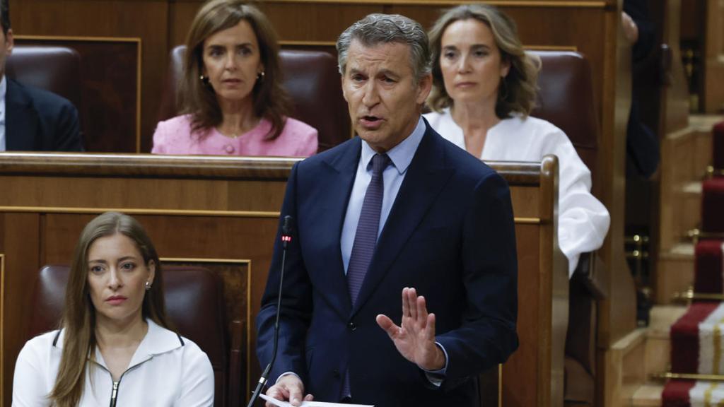 El líder del Partido Popular, Alberto Núñez-Feijóo, interviene durante la sesión de control al Gobierno este miércoles.