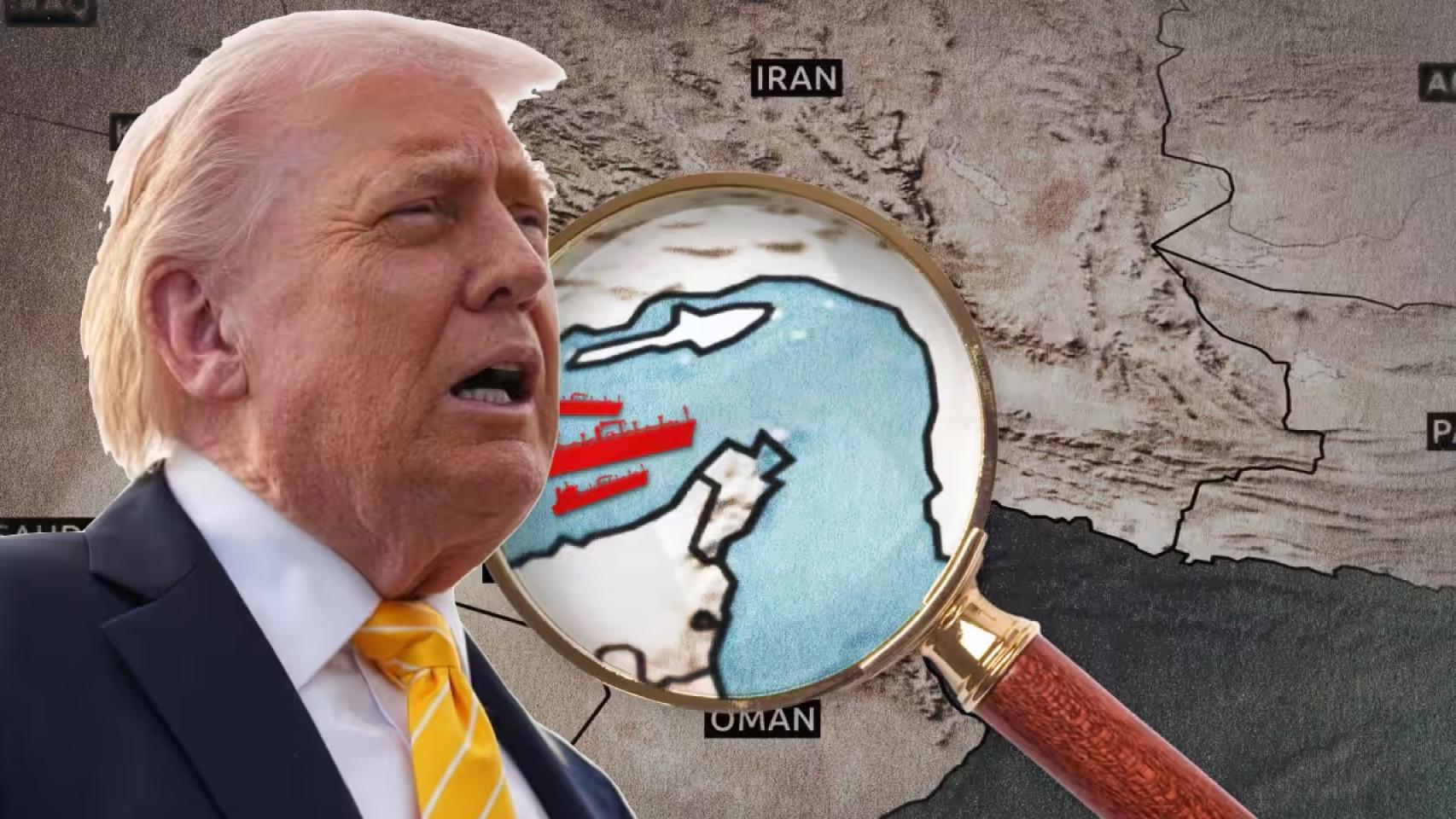 Fotomontaje del presidente de EEUU, Donald Trump, con un fondo de un mapa del Estrecho de Ormuz.