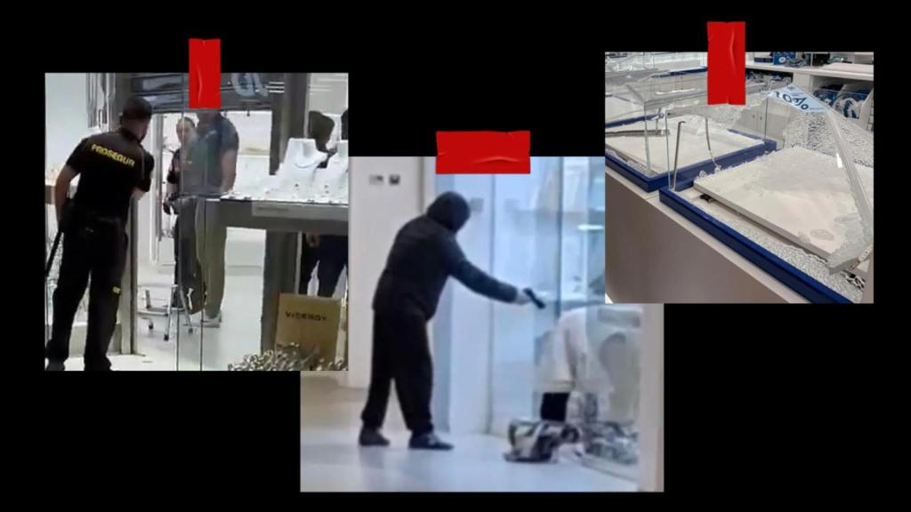Collage con algunos de los robos de joyerías de este mes en Madrid. 