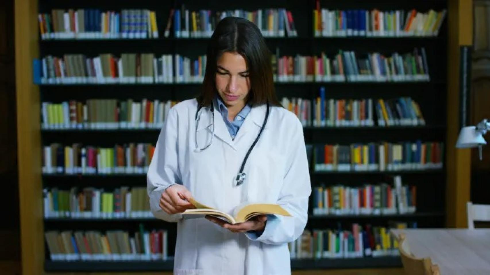Una médica realiza una consulta en la biblioteca. 