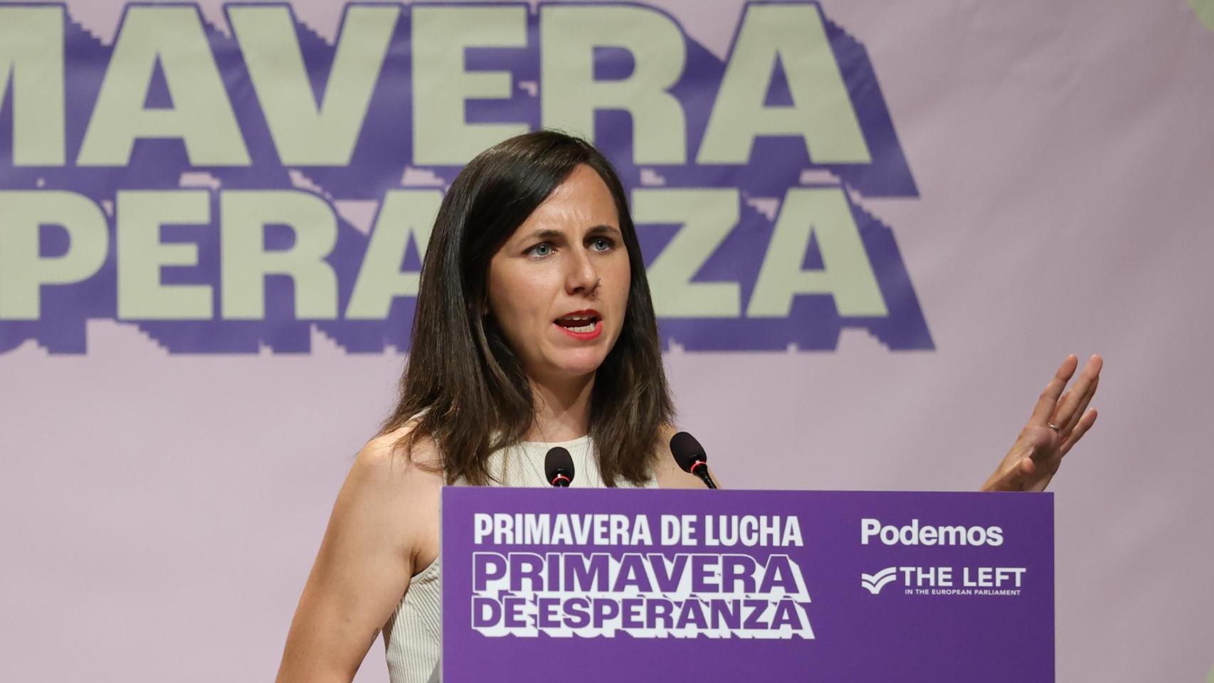 La secretaria general de Podemos, Ione Belarra, durante la jornada ‘Primavera de lucha, primavera de esperanza’, en el Círculo de Bellas Artes.  