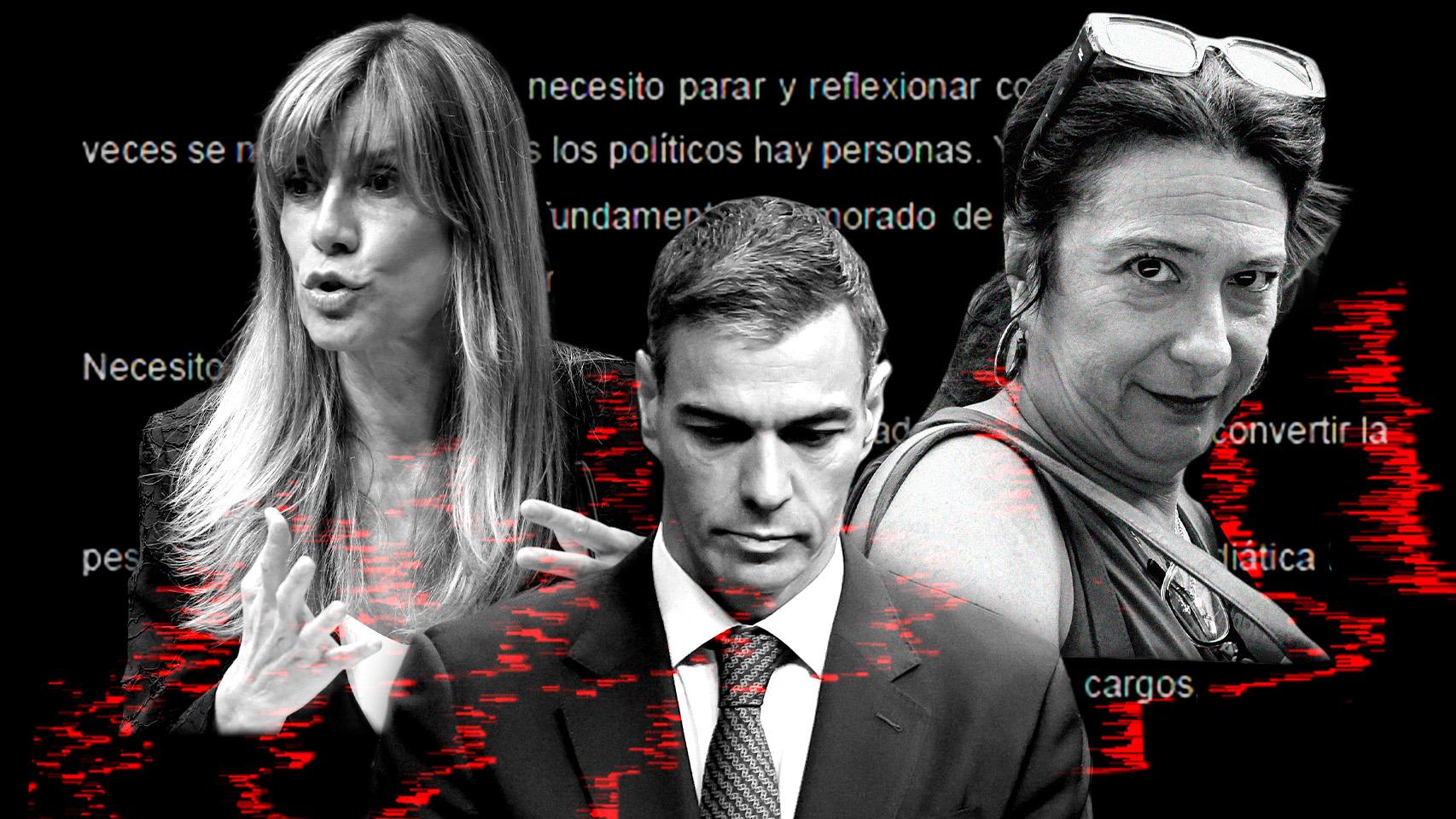 Pedro Sánchez, Begoña Gómez y Leire Díez, ante el texto de la carta del presidente.