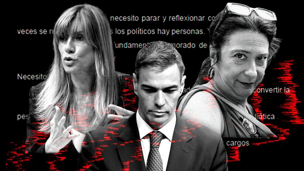 Pedro Sánchez, Begoña Gómez y Leire Díez, ante el texto de la carta del presidente.