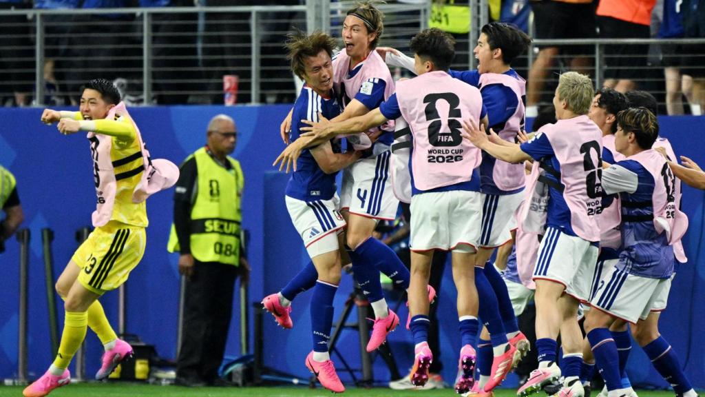 Los jugadores japoneses se vuelven locos celebrando el gol del empate ante Holanda.