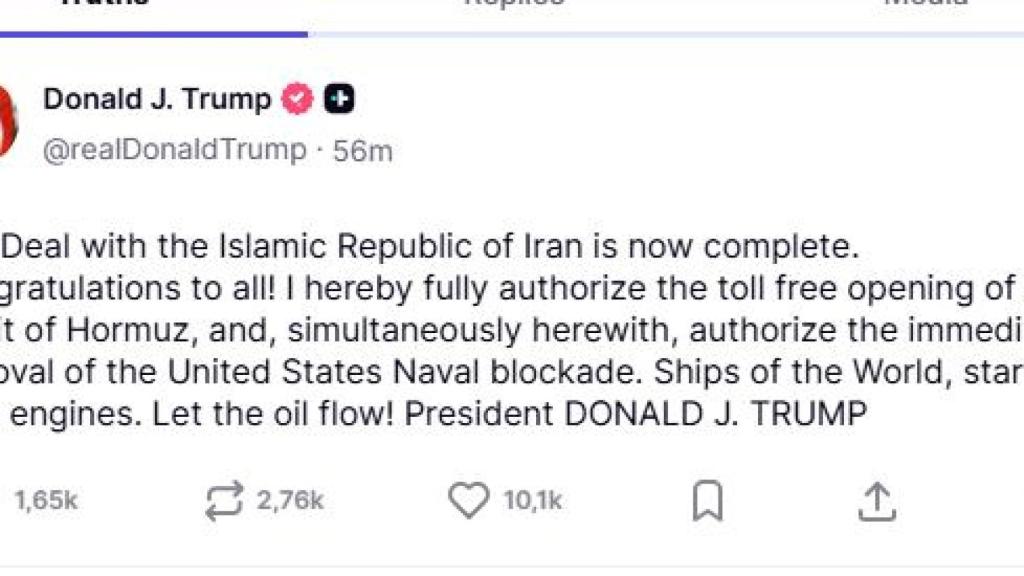 El mensaje de Trump en el que confirmaba el acuerdo de paz.
