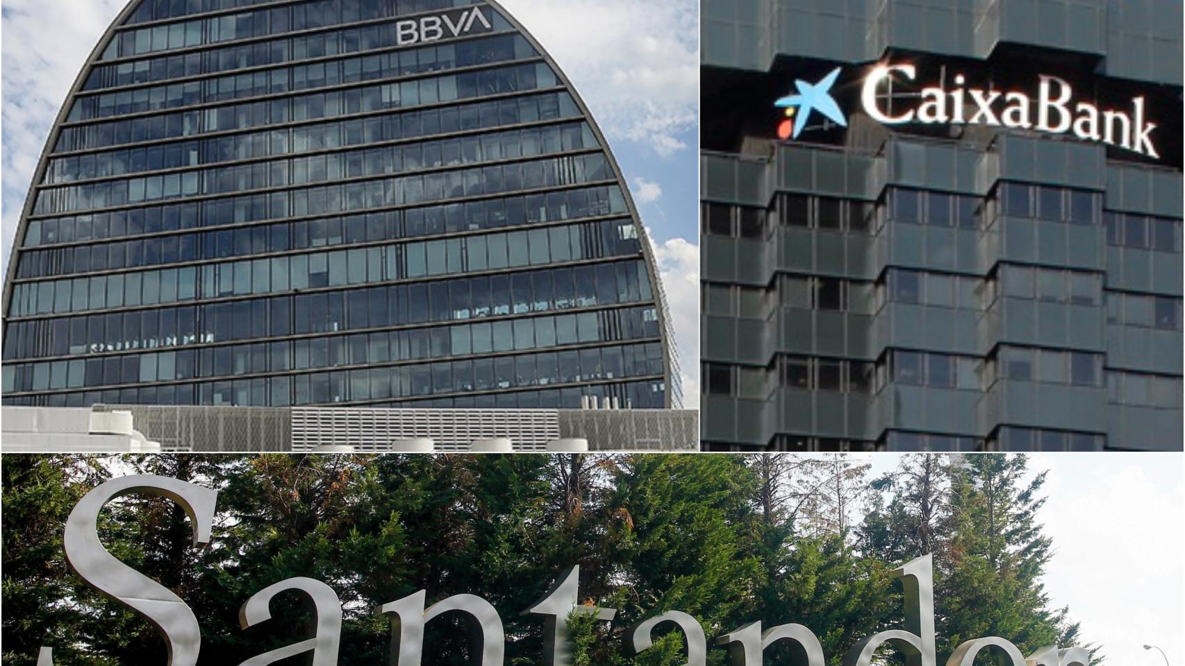Sedes de BBVA, CaixaBank y Santander.