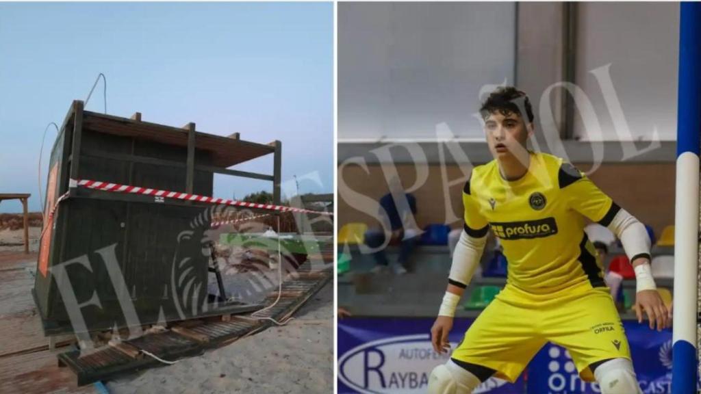 La caseta de socorrismo que se desplomó en la playa de El Mojón, en San Pedro del Pinatar, junto a una foto del difunto Álvaro Navarro García, una gran promesa del fútbol sala murciano.