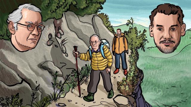 Ilustración de Isak Andic y su hijo Jonathan durante el paseo por el sendero de Les figueretes