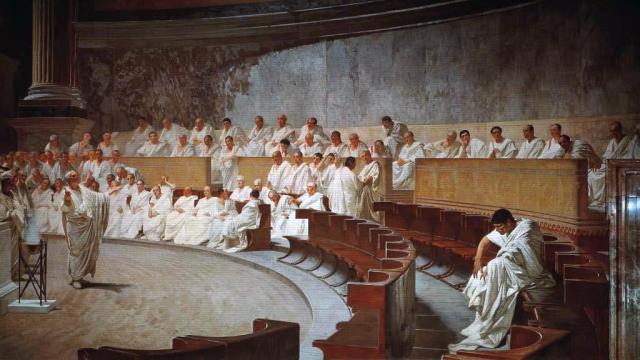 El senador Catilina sentado, solo, a la derecha de la pintura de Cesare Maccari: 'Cicerón pronuncia su discurso contra Catilina', 1889