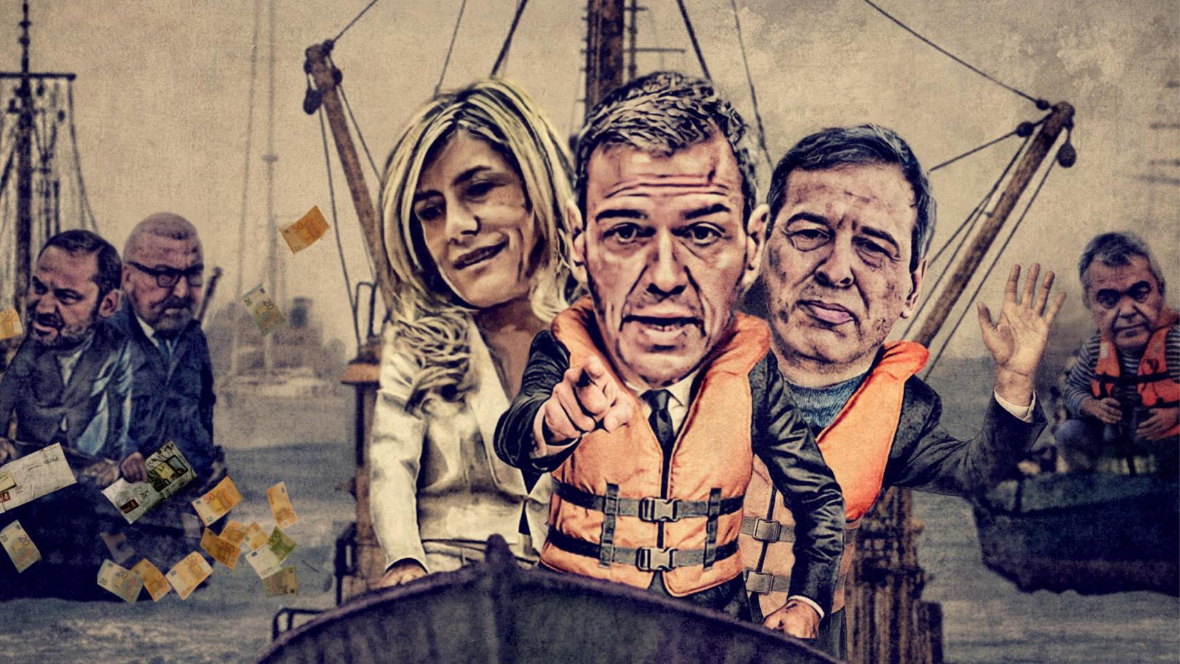 Ilustración de Pedro Sánchez junto a su mujer y a su hermano.