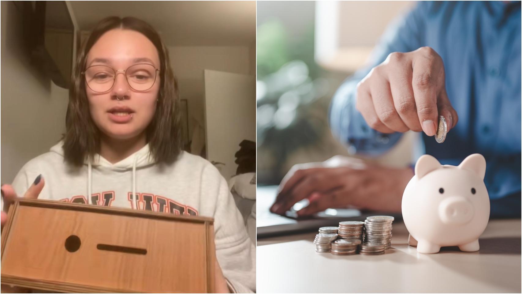 Ainoa y una persona metiendo dinero en una hucha.