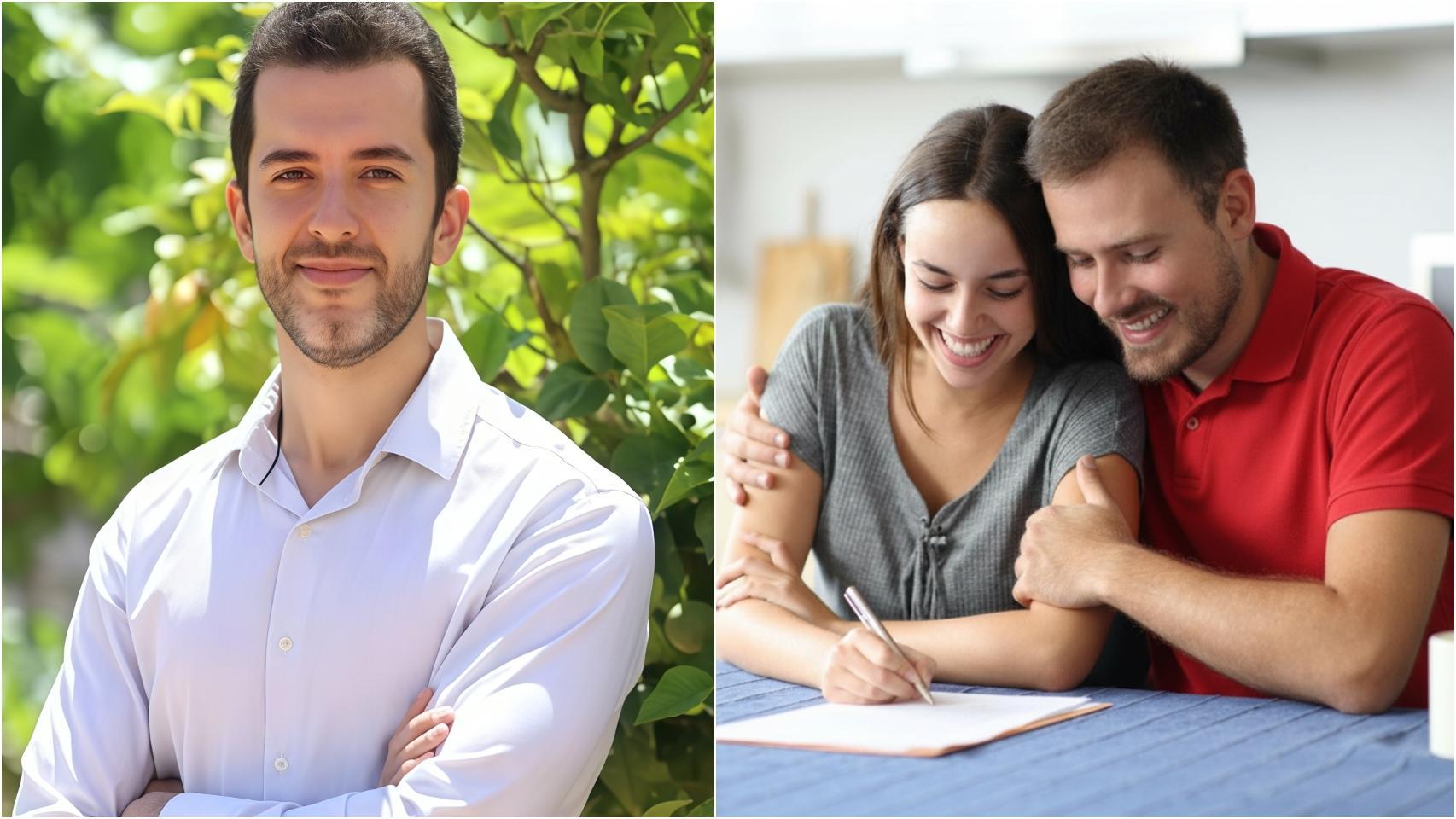 El abogado Manuel Requena y una pareja firmando una compra.