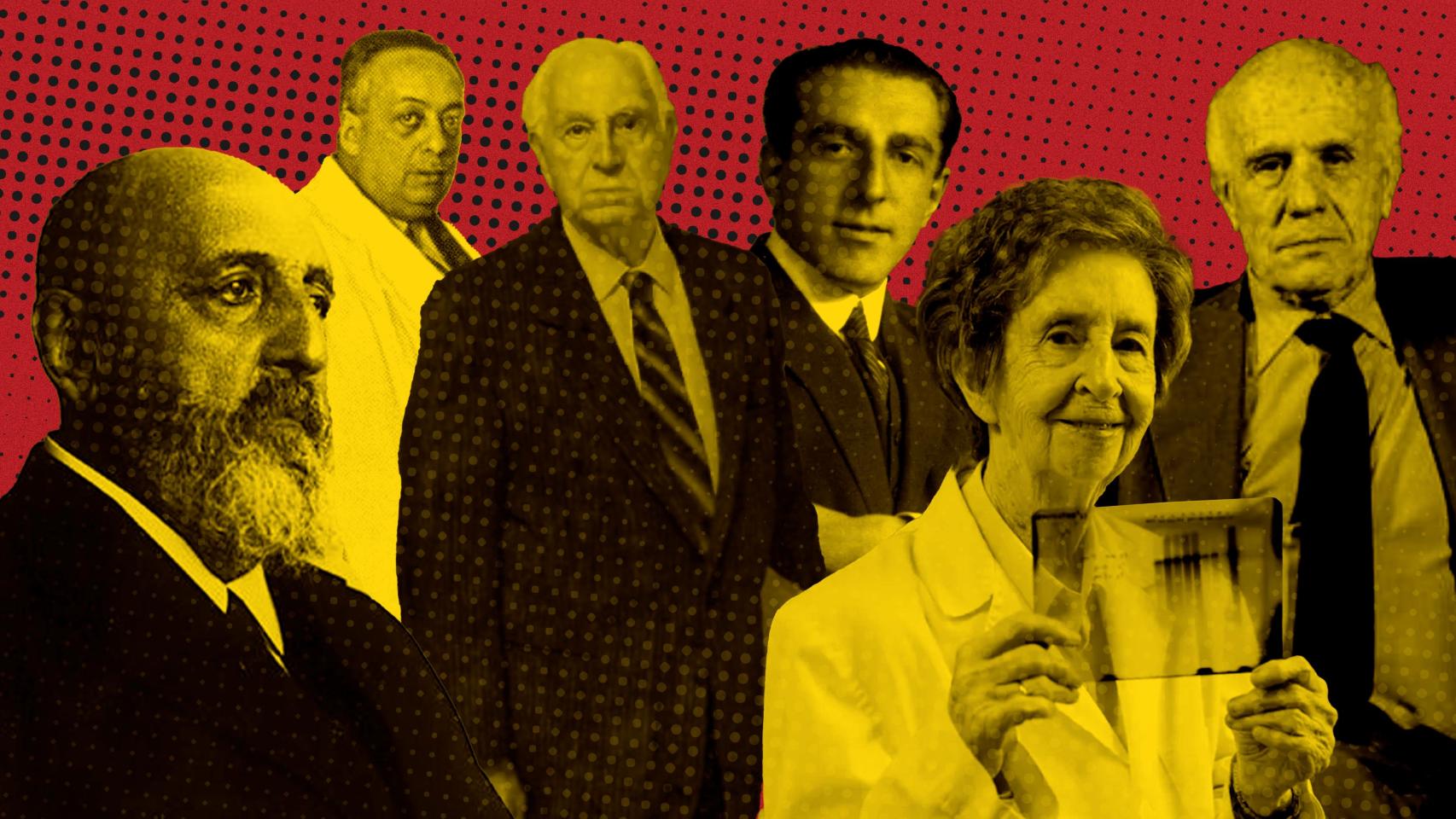 De izquierda a derecha, Leonardo Torres Quevedo, Blas Cabrera, Pedro Laín Entralgo, Julio Rey Pastor, Margarita Salas y Juan Rof Carballo. Diseño: Rubén Vique