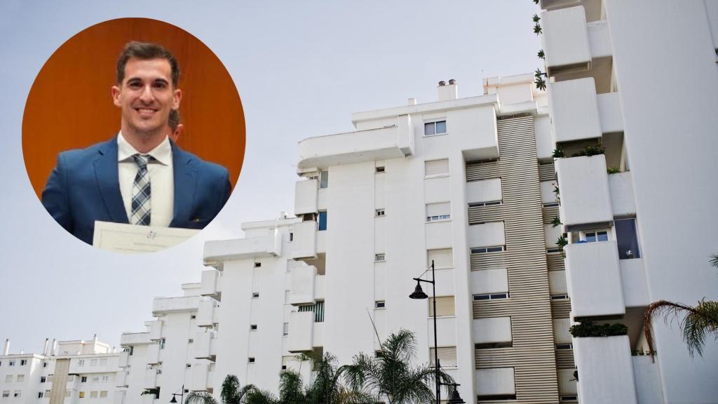 Montaje de Roberto Gómez, funcionario de Hacienda, con un edificio.