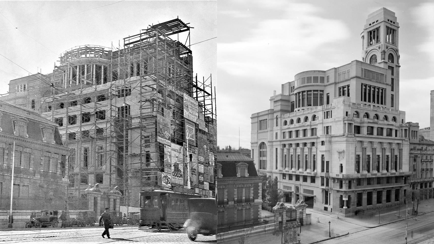 Obras de construcción del Círculo de Bellas Artes en 1925. Imagen del libro de José Luís Temes 'El Círculo de Bellas Artes. Madrid. 1980-1936'. A la derecha, el Círculo en 1926. Foto: Archivo Lladó, CSIC, Archivo del Centro de Ciencias Humanas y Sociales
