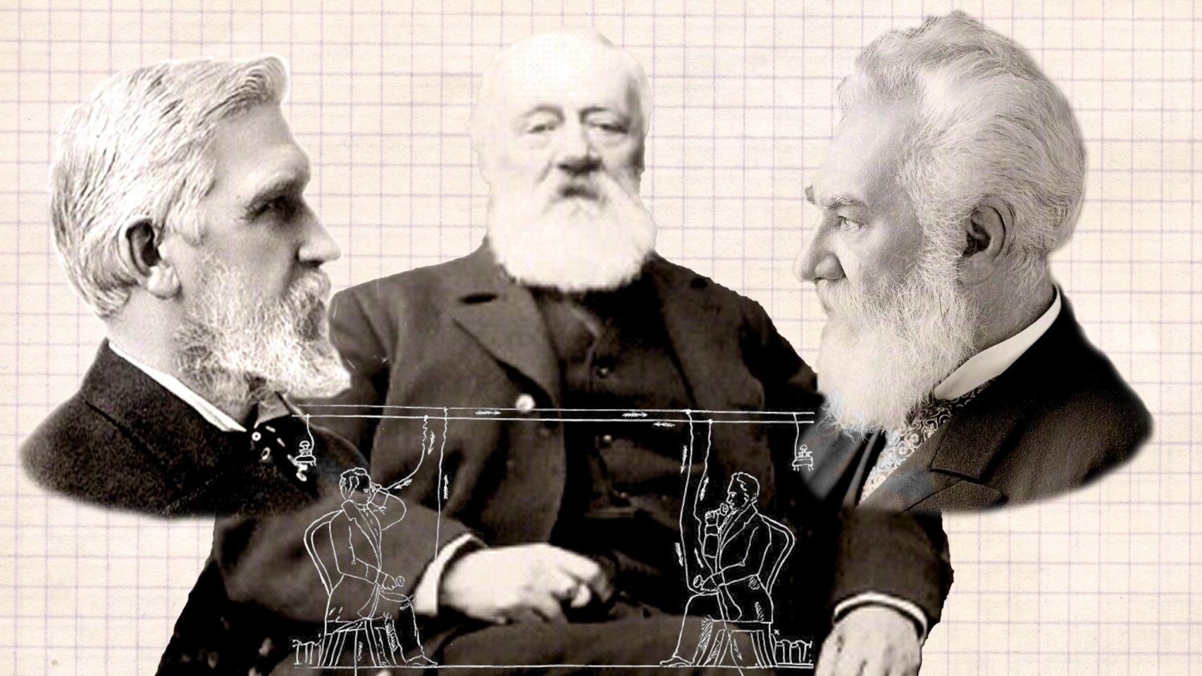 De izquierda a derecha, los tres inventores del teléfono: Elisha Gray, Antonio Meucci y Alexander Graham Bell. Diseño: Rubén Vique