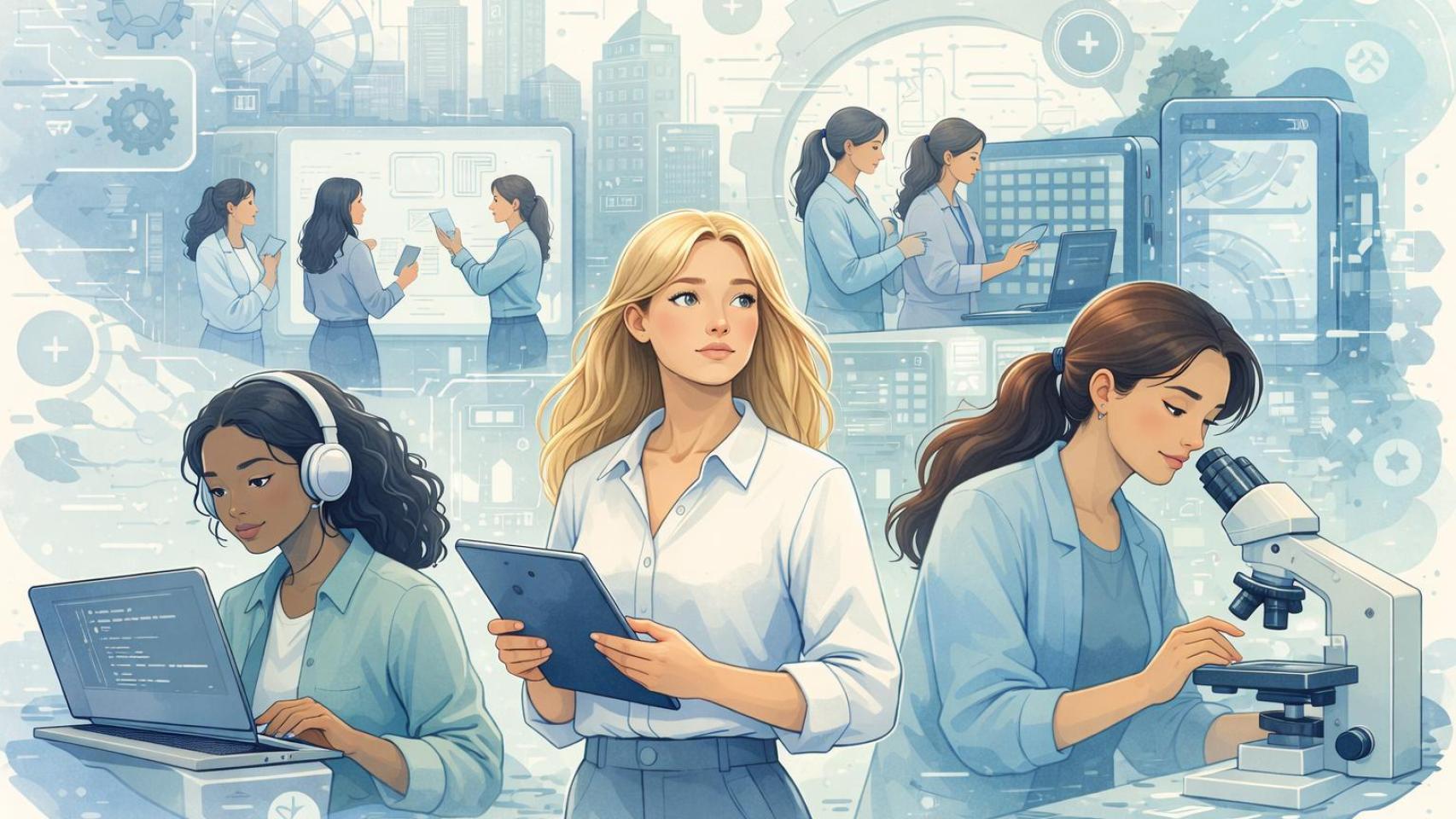 Ilustración representando a mujeres en diferentes profesiones STEM, creada con inteligencia artificial.
