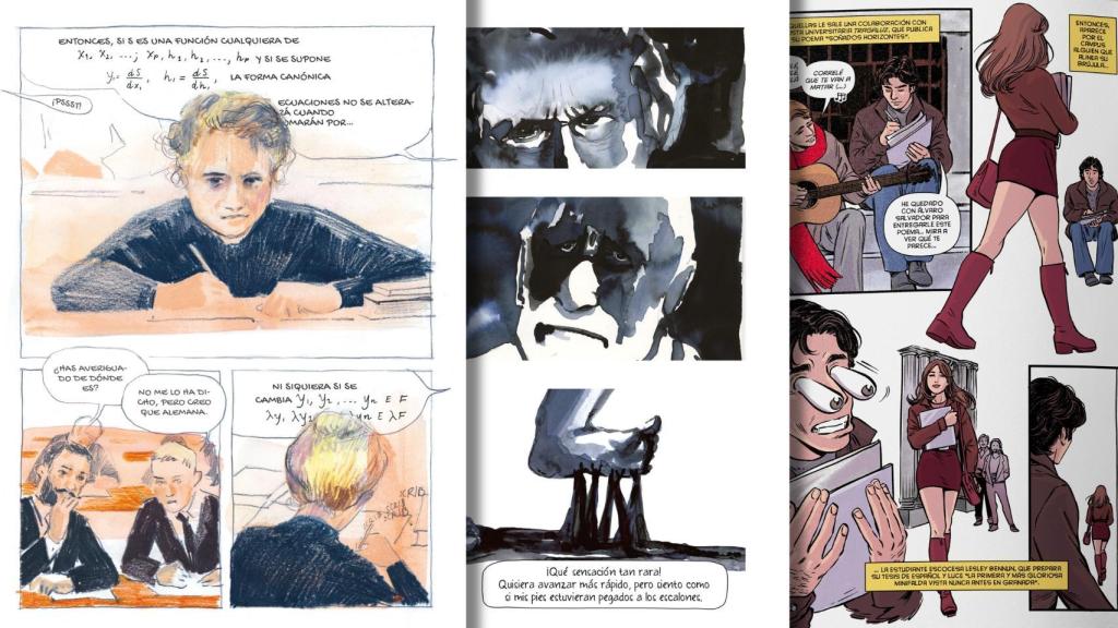 Páginas de los cómics 'Marie Curie', 'Freud. Cuando llegue el momento' y 'Joaquín Sabina. Pasión y vida'
