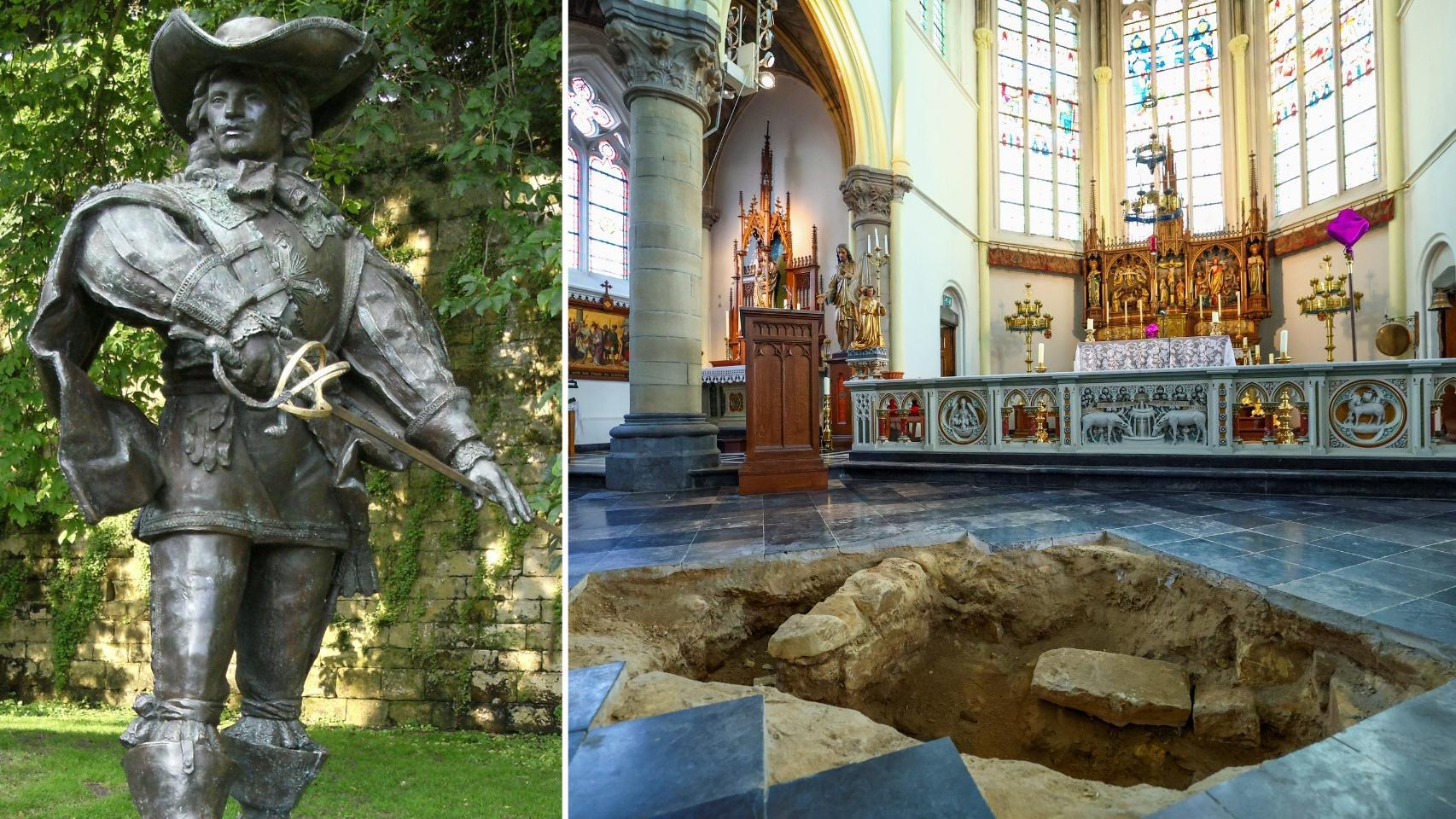 Estatua de D'Artagnan en Maastricht (foto: Mark Ahsmann/Wikimedia Commons). A la derecha, vista de la excavación de la iglesia de San Pedro y San Pablo, en Maastricht, donde han aparecido los restos (foto: Reuters)