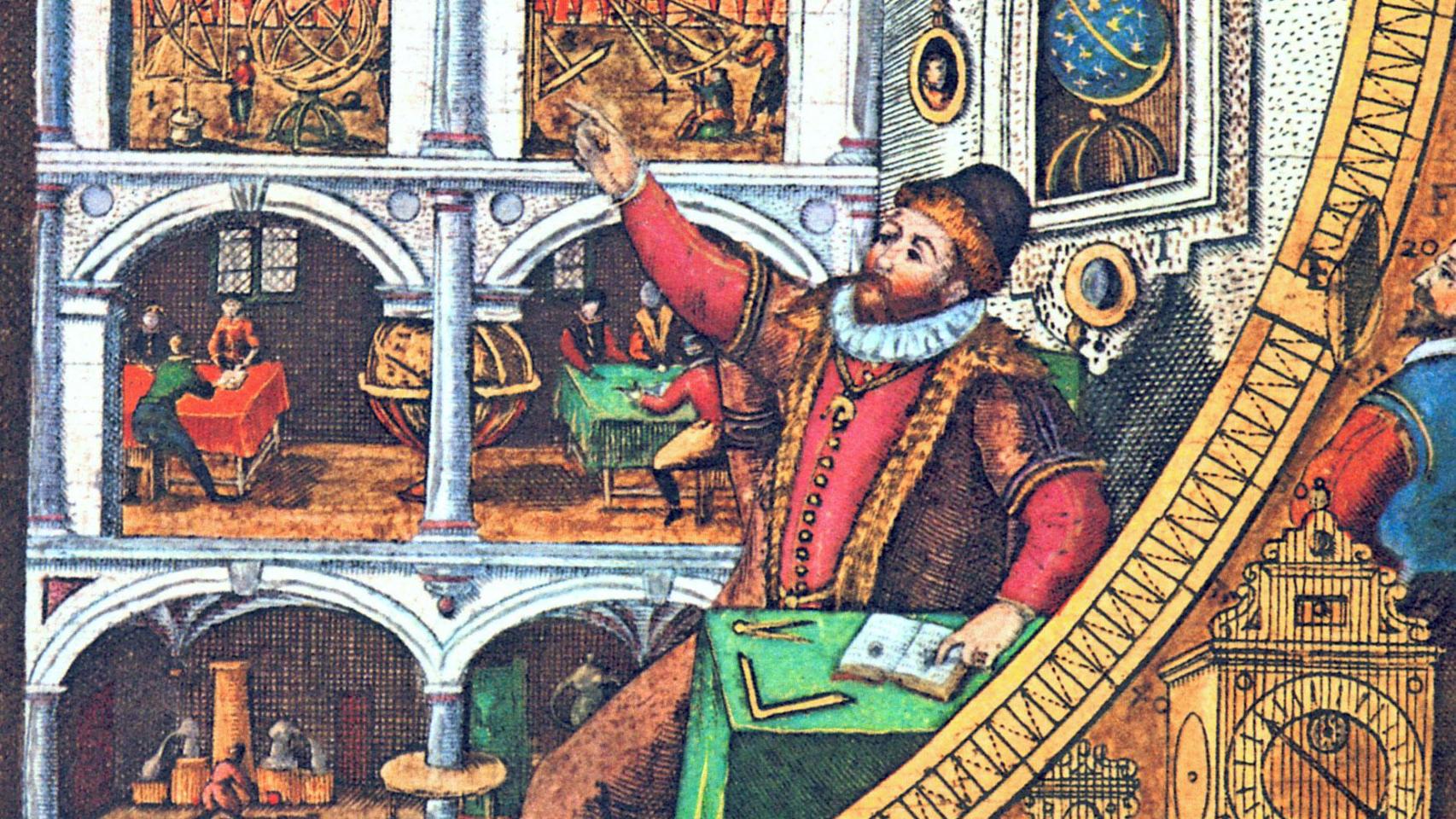 Tycho Brahe y el cuadrante mural que utilizaba para medir la elevación de los cuerpos celestes. Foto: Wikimedia Commons