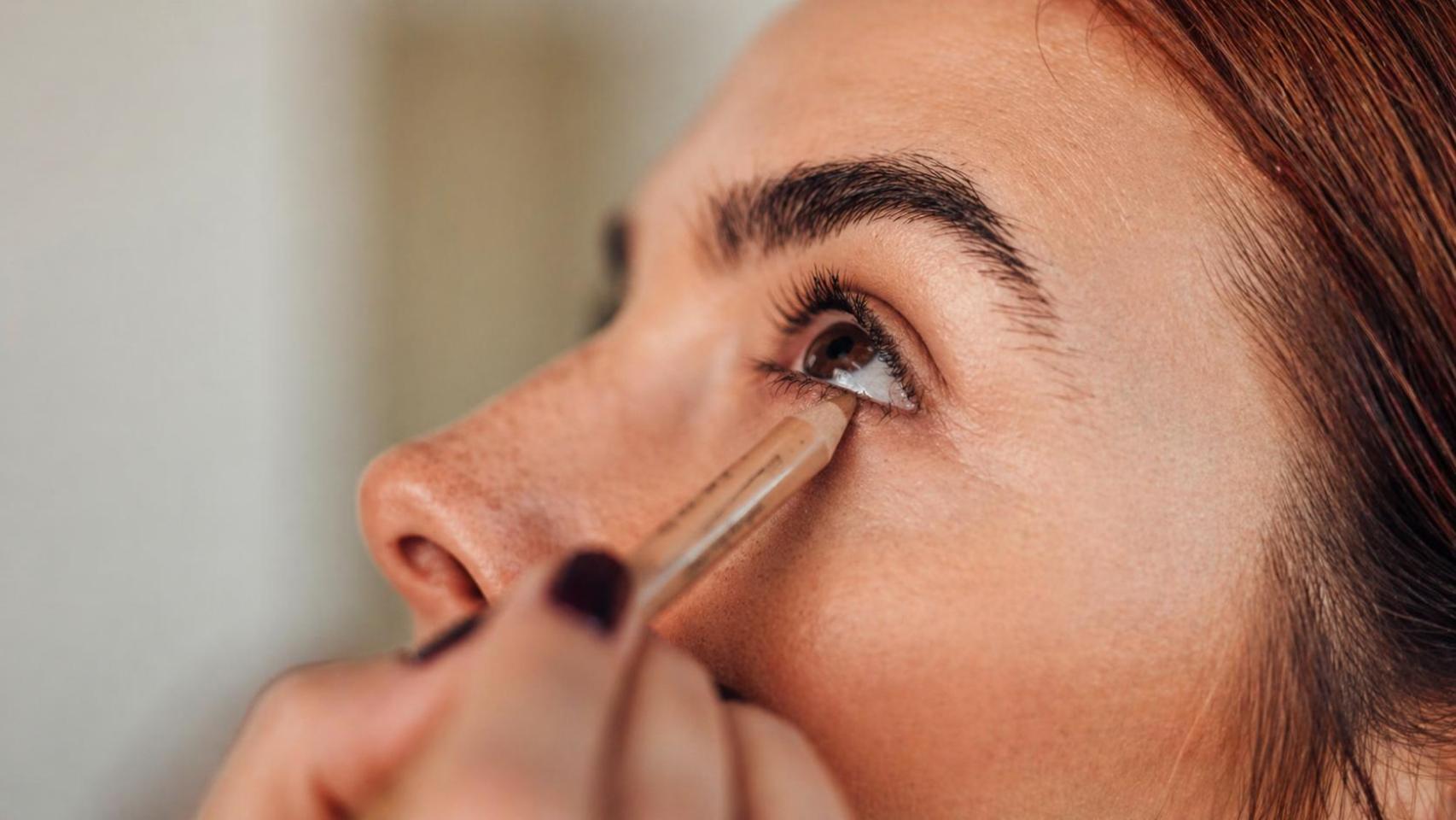 Mujer siendo maquillada con lápiz de ojos nude