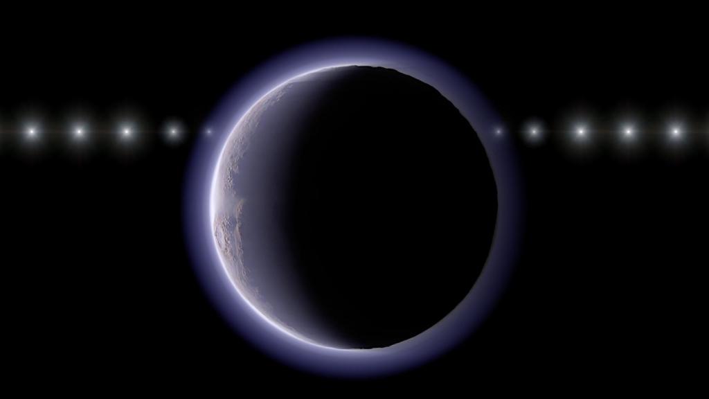 Representación artística de esta investigación que muestra una secuencia temporal imaginaria del paso de una estrella por detrás de un objeto transneptuniano con atmósfera..
