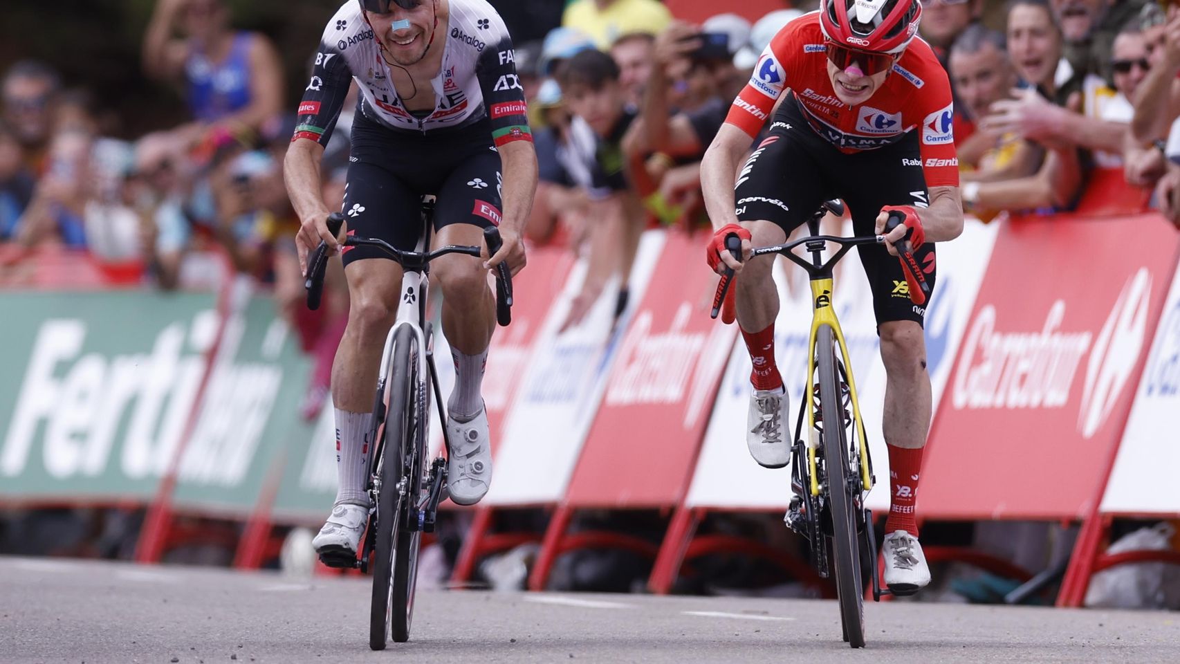 El portugués Joao Almeida (i) y el danés Jonas Vingegaard, durante la 14ª etapa de La Vuelta.