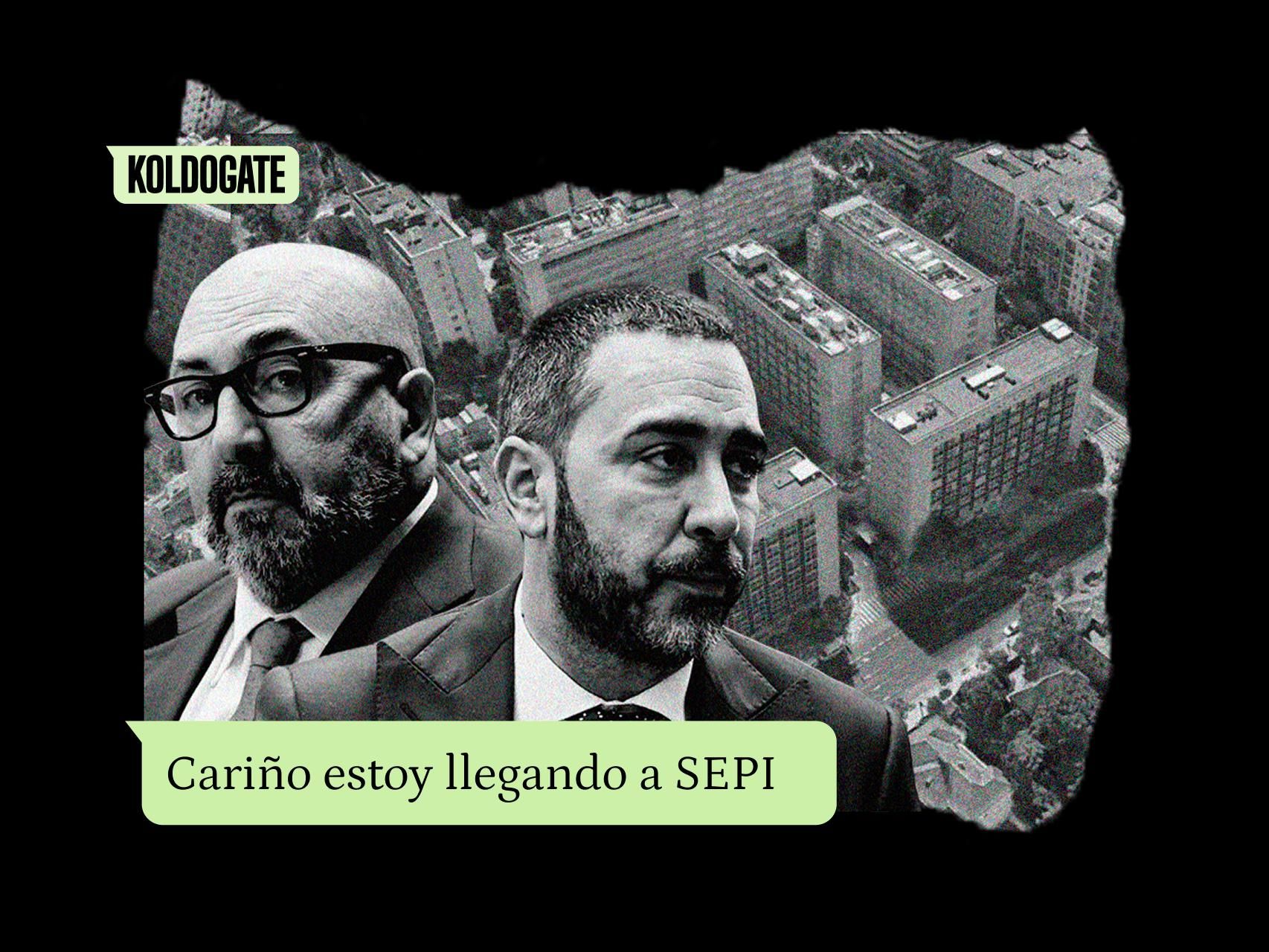 Koldo García, Víctor de Aldama y el complejo Campos Velázquez, propiedad de la SEPI en Madrid, junto a un mensaje de Patricia Úriz.