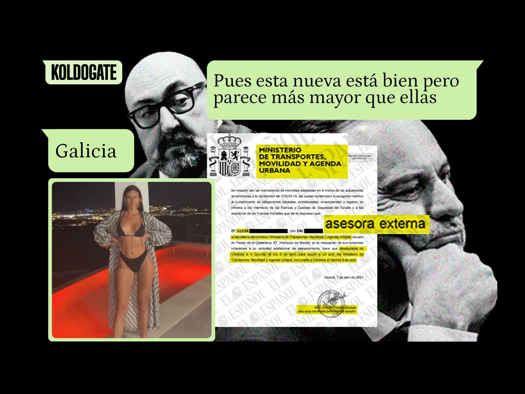 Koldo García y José Luis Ábalos, junto a los mensajes sobre una de las prostitutas que les acompañó a Santiago de Compostela y el Salvoconducto emitido por el Ministerio para que pudieran viajar las mujeres.