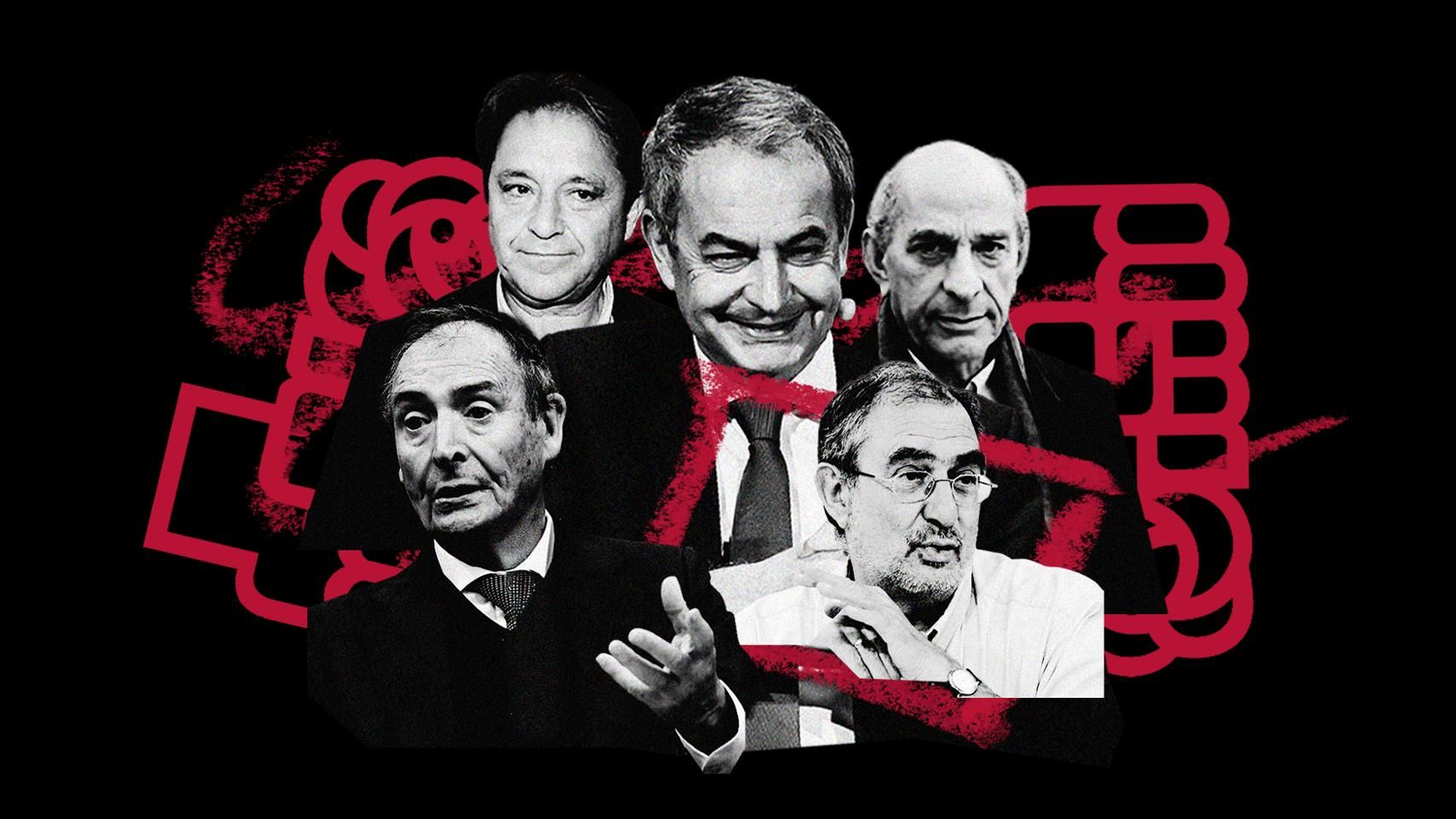 El exlíder del PSOE de Castilla y León Juan José Laborda, el exlíder del PSOE de Segovia Juan Luis Gordo, el expresidente del Gobierno José Luis Rodríguez Zapatero, el exdiputado por Zamora Jesús Cuadrado y el exlíder del PSOECyL Jesús Quijano, en un montaje de EL ESPAÑOL