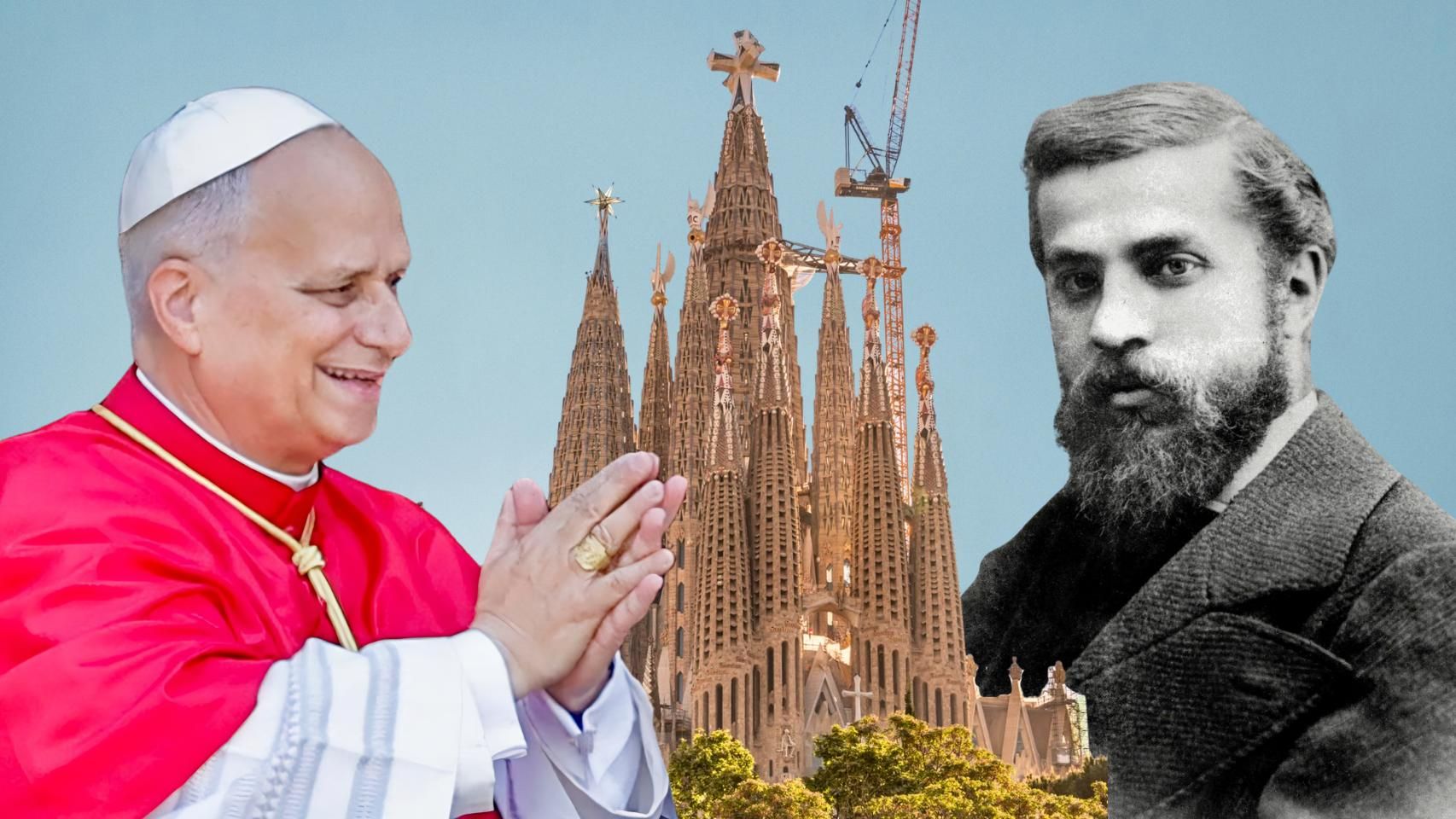 El papa León XIV durante su visita a Barcelona (foto: EFE/Andreu Dalmau), la Sagrada Familia con la Torre de Jesús terminada y el arquitecto Antoni Gaudí fotografiado por Pablo Audouard en 1878.