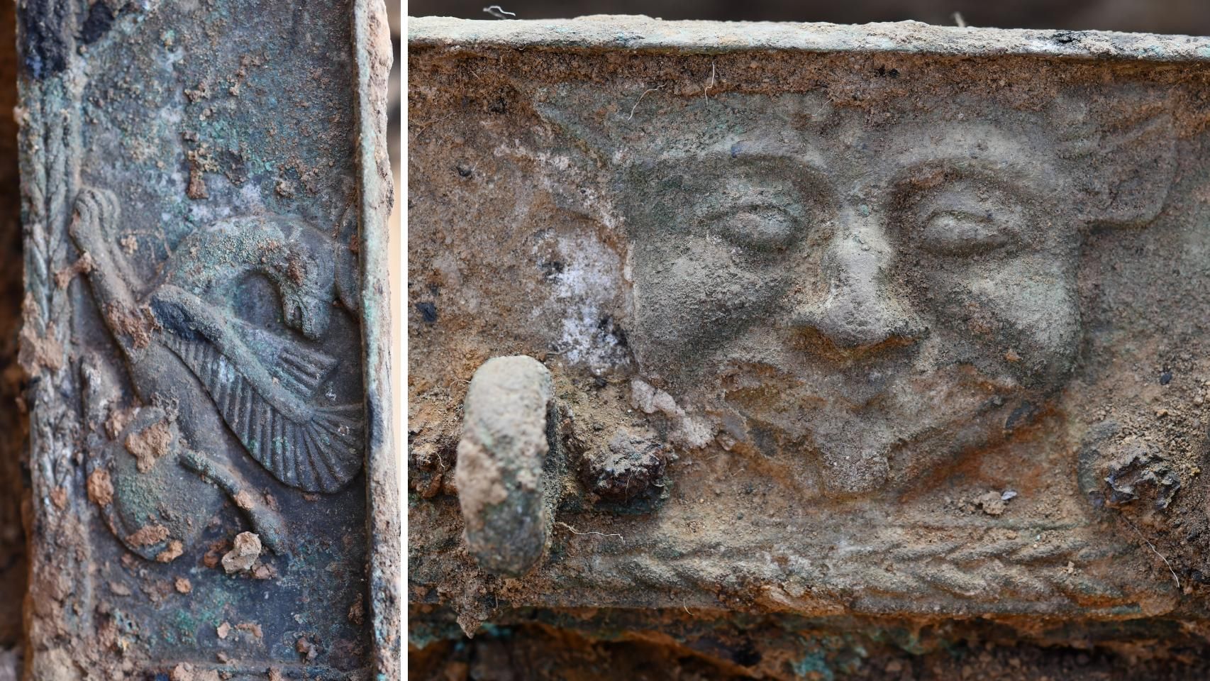 Detalles de la ornamentación del carro. A la izquierda, un grifo; a la derecha, Aqueloo, divinidad fluvial. Fotos: CSIC