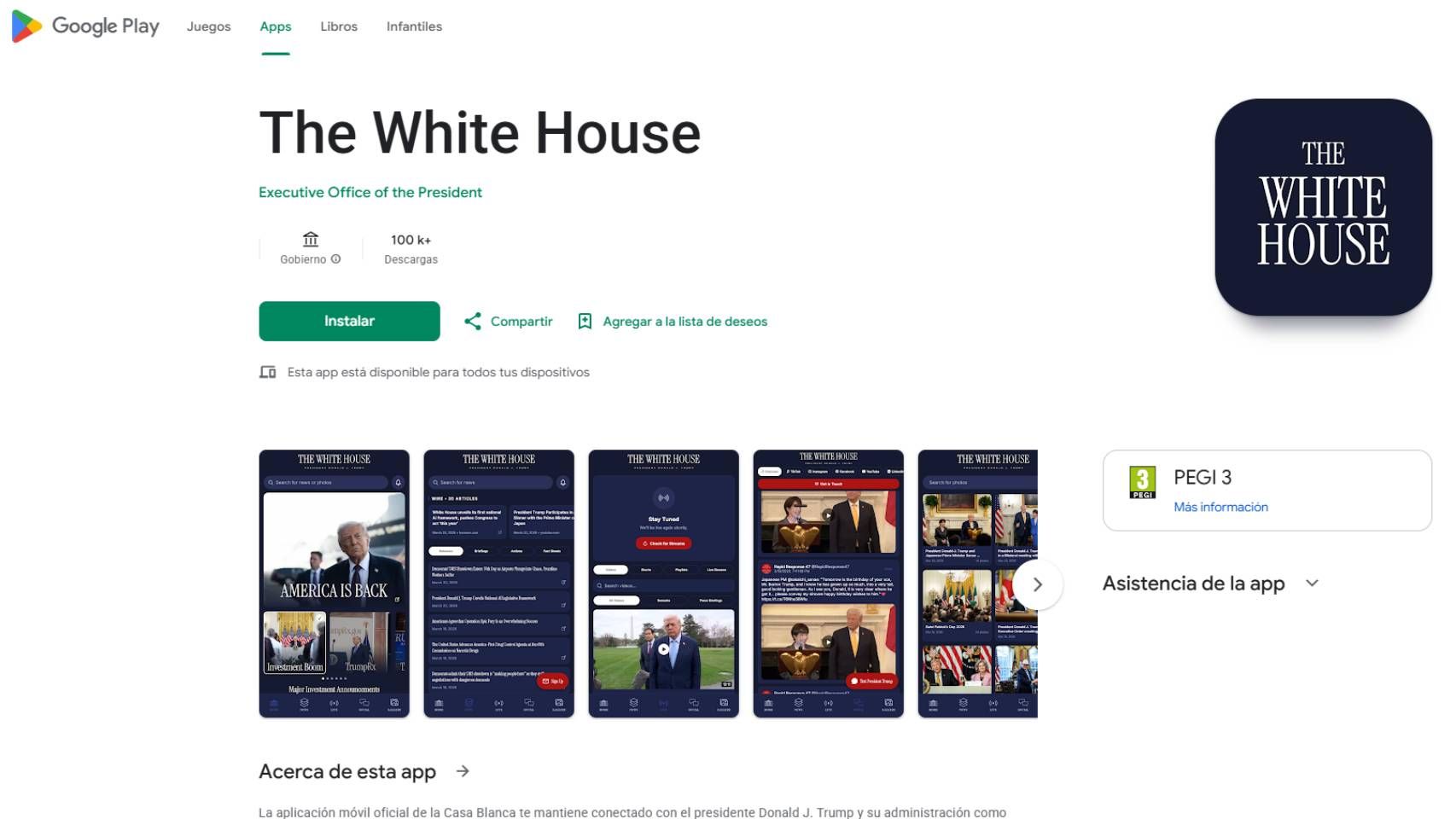 La aplicación de la Casa Blanca en Google Play Store.