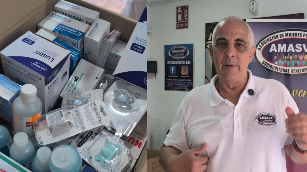 Ricardo Herrera, voluntario de AMASVE, junto a una caja de medicamentos ya recolectada.