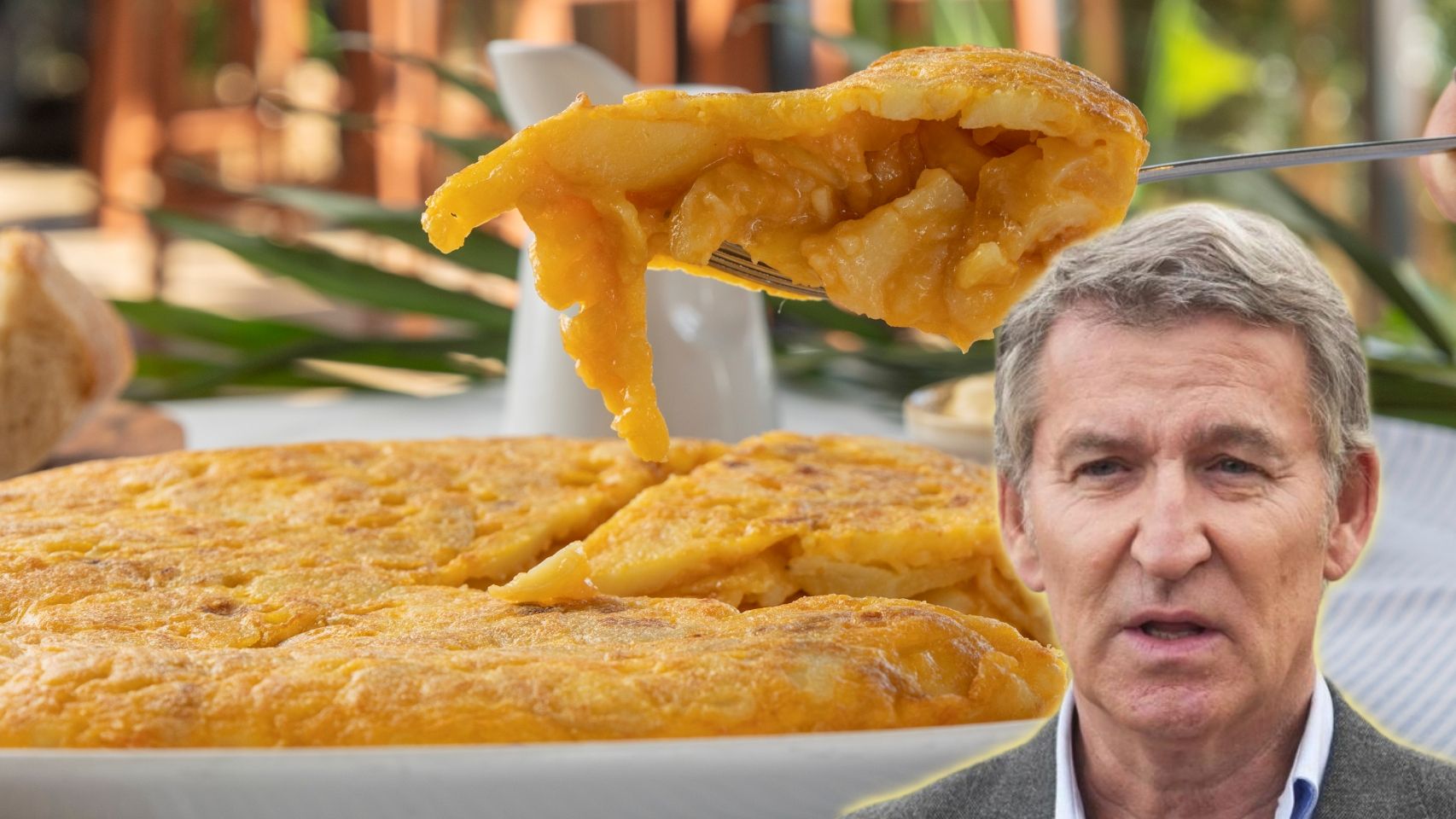 Alberto Núñez Feijóo y la tortilla de O Cabo. Montaje de El Español.