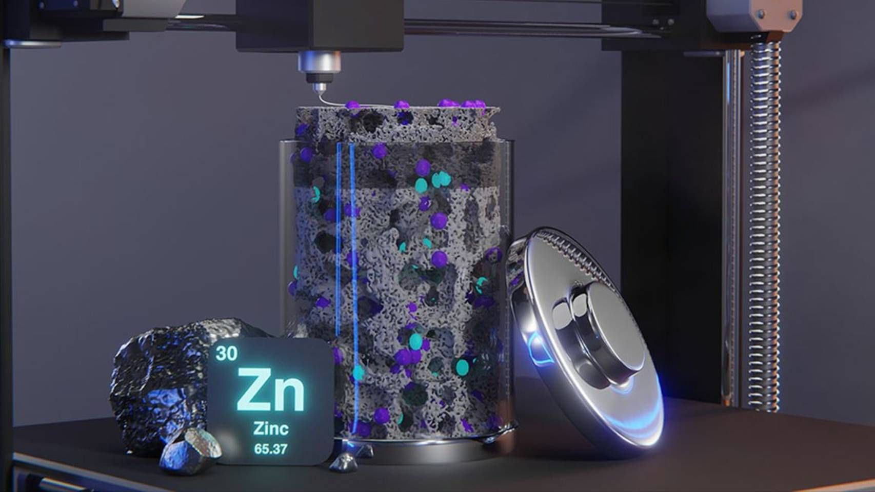 Concepto de la batería de zinc impresa en 3D.