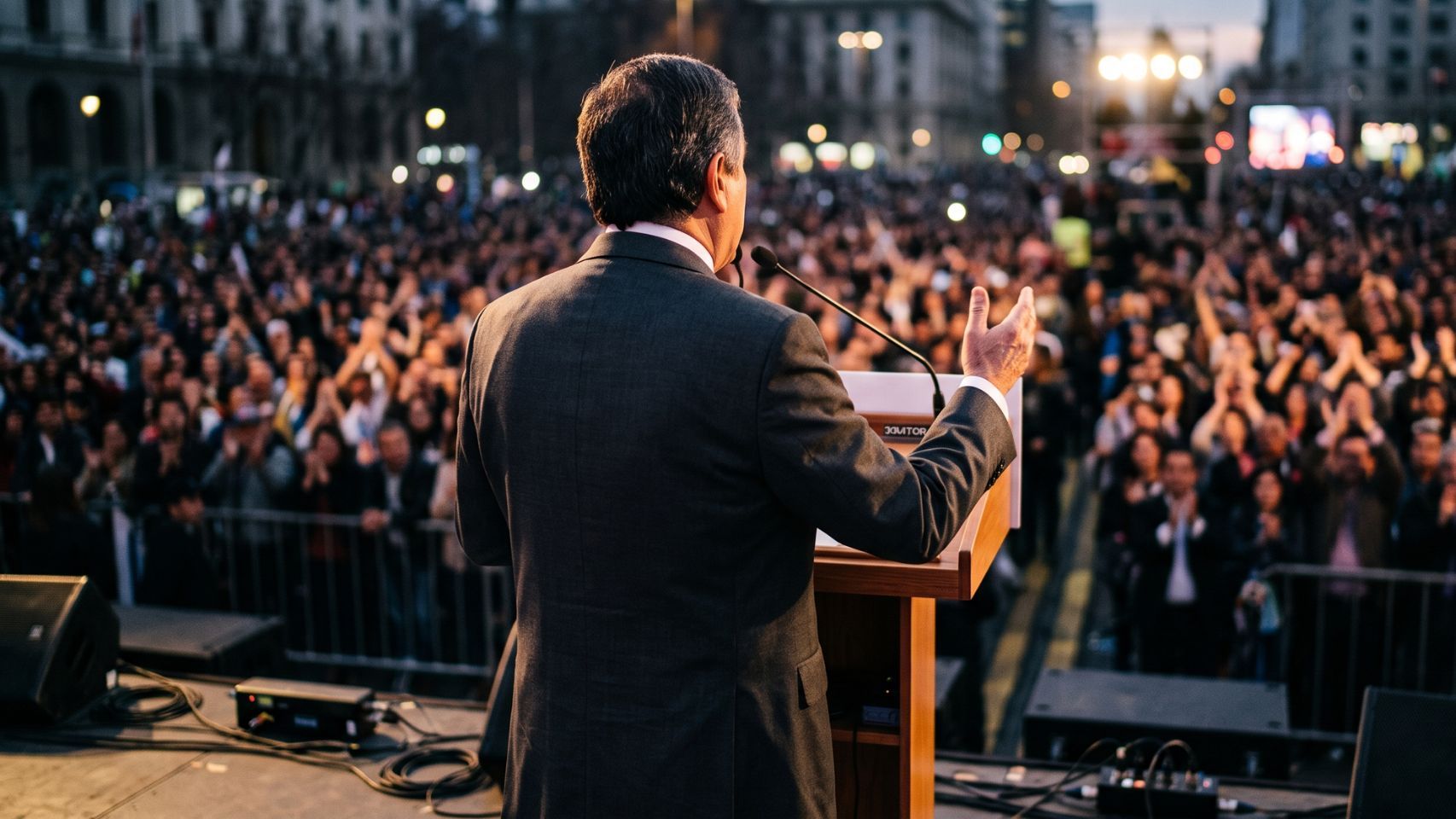 Un político ficticio dando un mitin. 