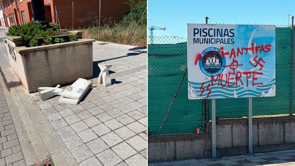 Destrozos y pintadas en Villaquilambre en imágenes difundidas por el Ayuntamiento.