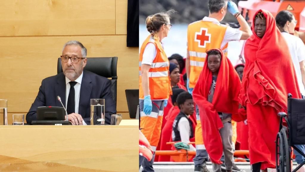 A la izquierda, Carlos Pollán, durante su comparecencia hoy en las Cortes. A la derecha, menores migrantes recién desembarcados de una patera