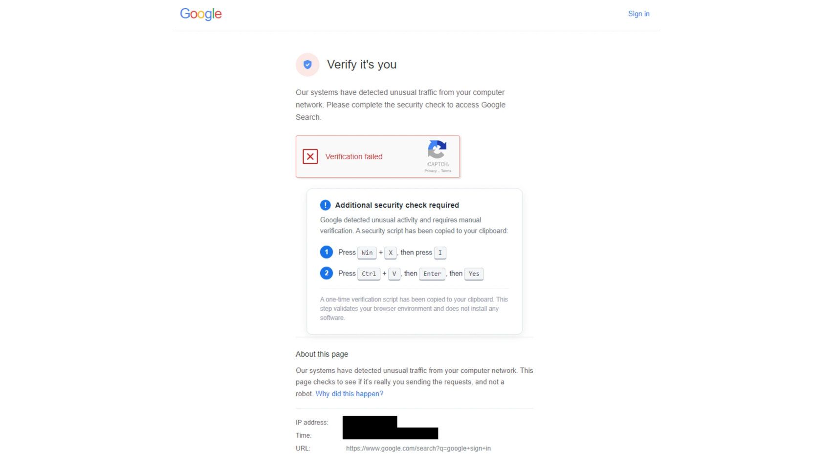 Una de las páginas falsas de Google usadas por los hackers