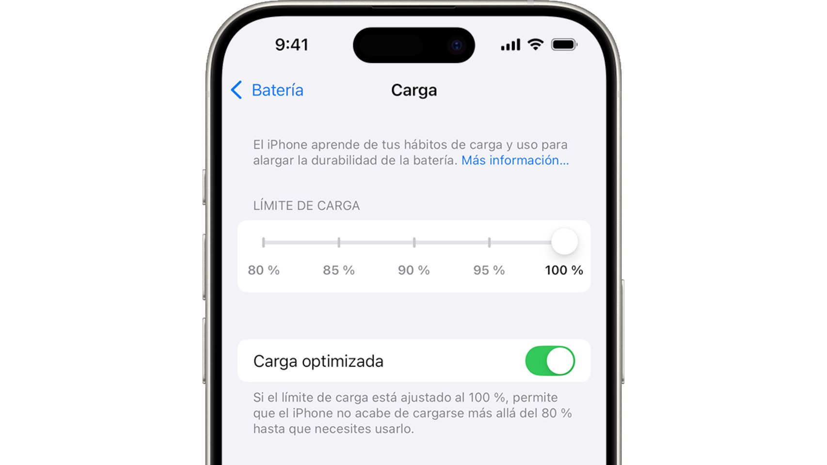 Opción para limitar la carga de un iPhone