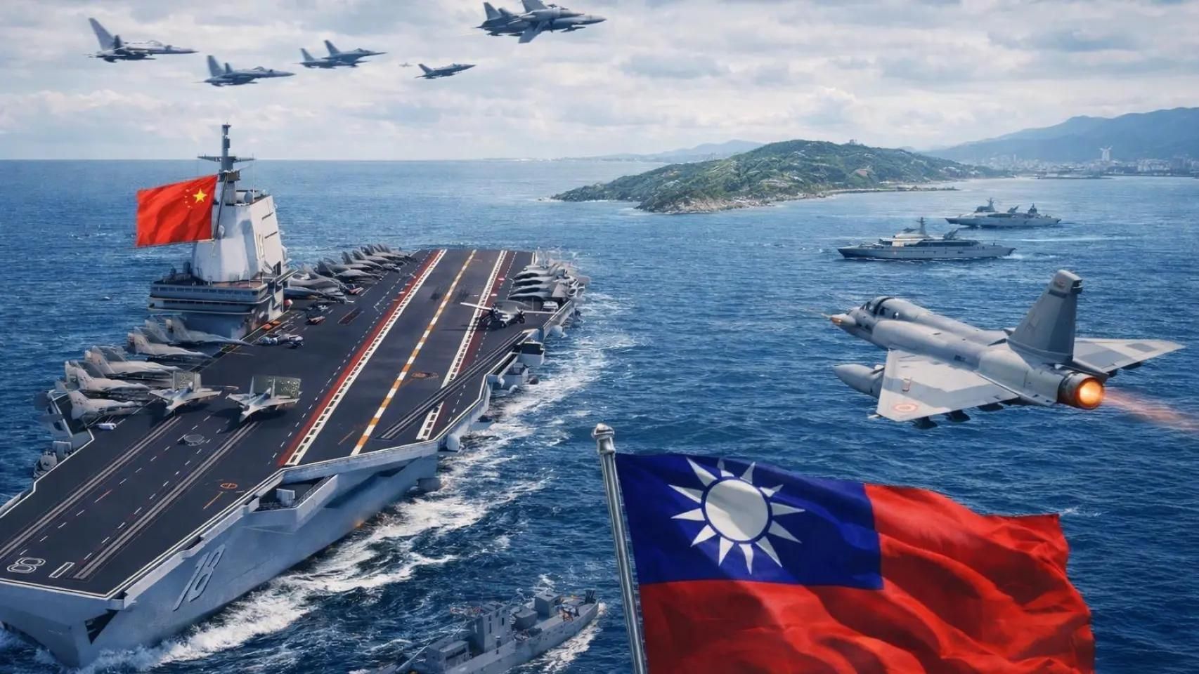 Recreación del portaviones Fujián frente a las costas de Taiwán.