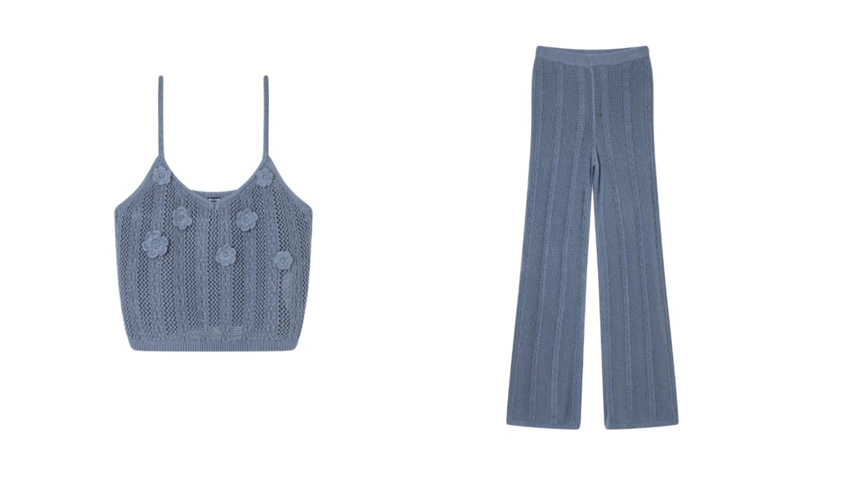 El top azul sin mangas de crochet con flores cuesta 10 euros. El pantalón, 18 euros.
