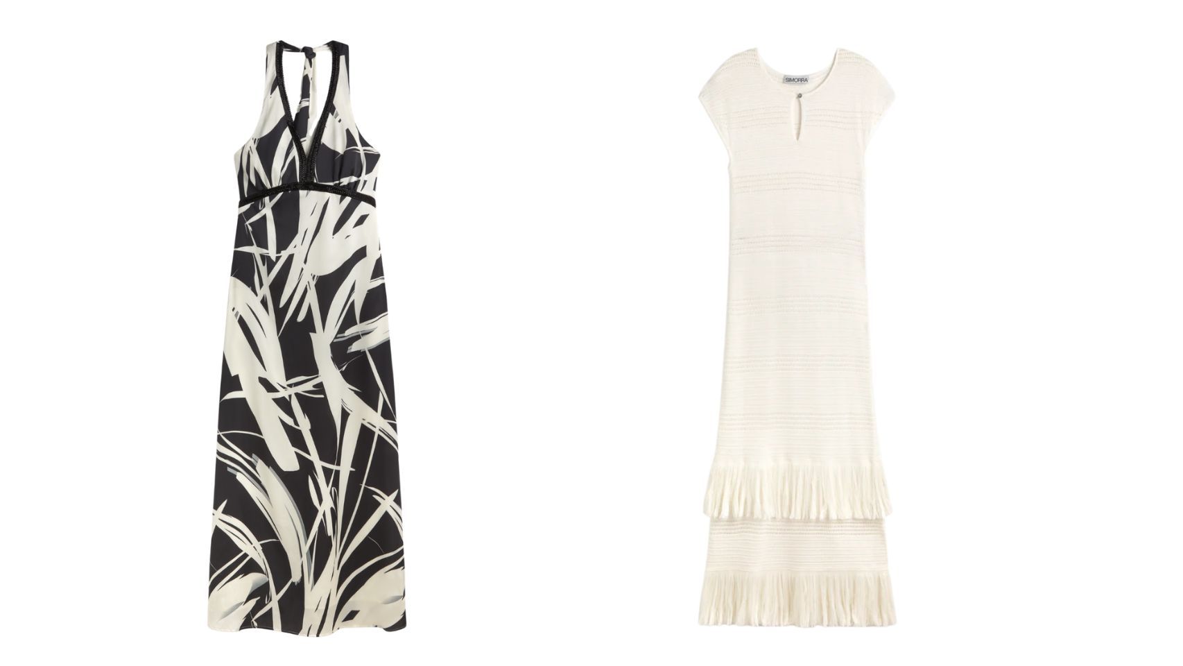Vestido largo satén (izquierda): 139 euros. Vestido punto flecos: 159 euros. Ambos rebajados.